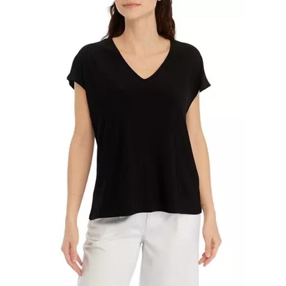 Vince Camuto V-Neck Short Sleeve Blouse Top Solid Rich Black Size XS NWT - Picture 1 of 12